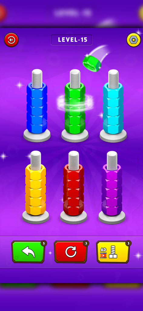 Nut Sort Color Merge Mind Game gameplay showing colorful nuts being sorted onto bolts