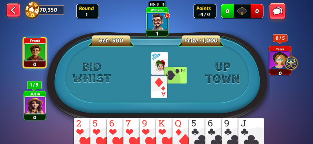 Spades Bid Whist: Card Games - Una partida digital de Bid Whist en progreso sobre una mesa azul con cuatro jugadores y una mano de cartas en la parte inferior.