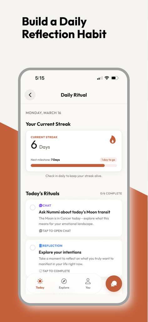 Nummi AI - Nummi AI app interface showing the Daily Ritual screen with a 6-day reflection streak and task list.