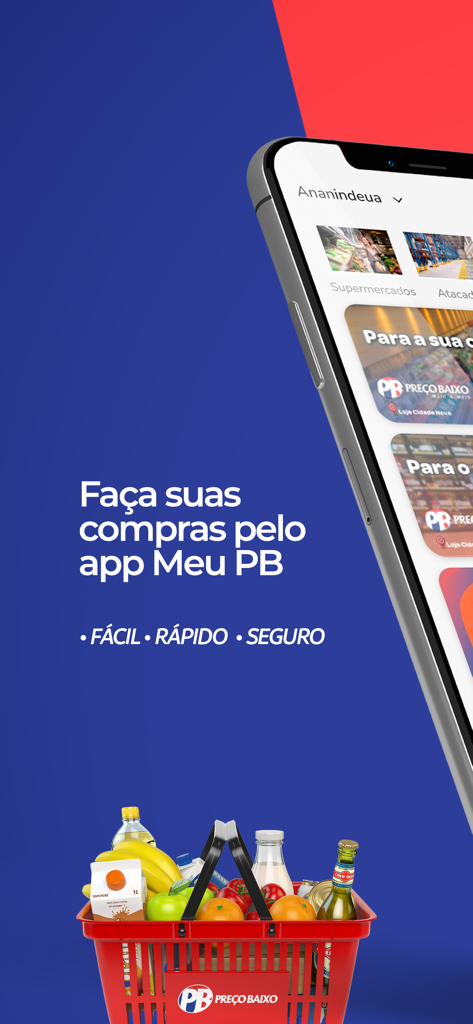 Meu PB - A smartphone screen showing the Meu PB app next to a red basket filled with groceries