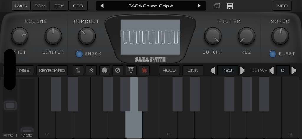 SAGA Synth | 16-Bit Sonic Fun! - Panel principal de la aplicación SAGA Synth con controles de sintetizador de estilo retro de 16 bits y un teclado de piano digital
