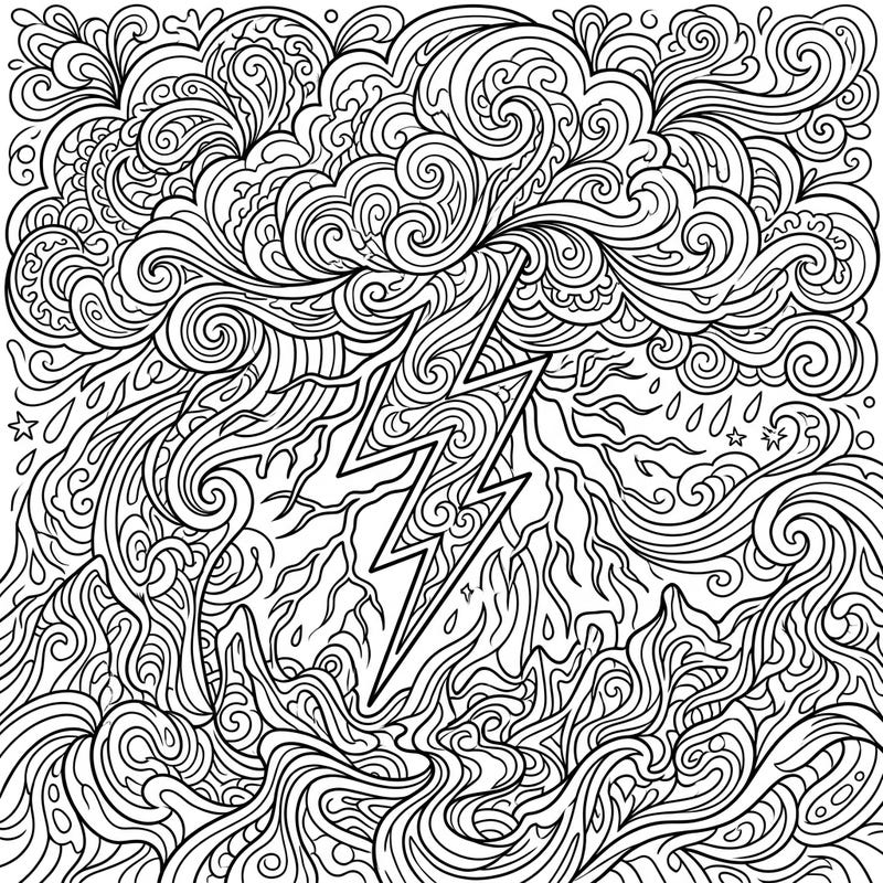 Prepare for an electrifying coloring experience with this dynamic design featuring heavy thunder reimagined through a psychedelic lens. Its intricate swirling patterns and powerful lightning bolt offer an exciting challenge for colorists of all levels.