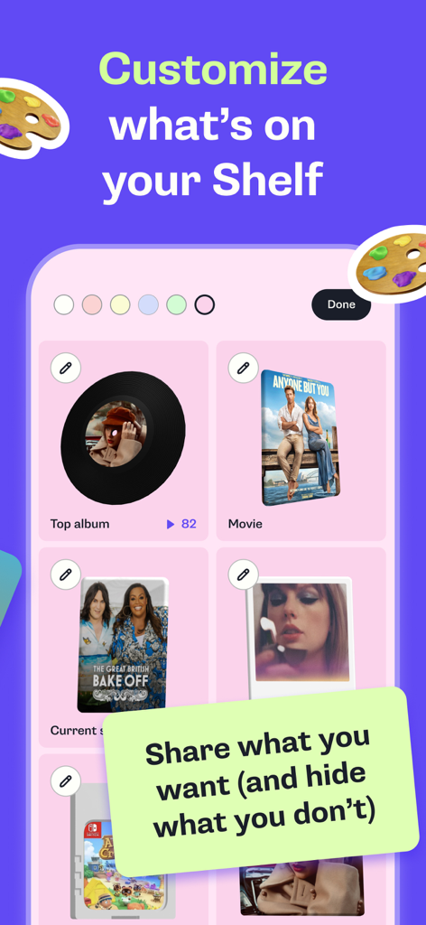 Shelf: music, books, movies - Una pantalla móvil que muestra la personalización de una estantería de medios digital con álbumes de música, películas y programas de televisión