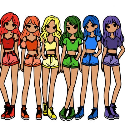 a group of girls wearing crop tops and shorts