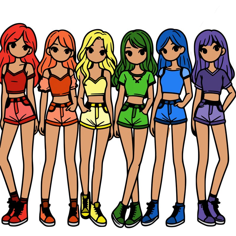 a group of girls wearing crop tops and shorts