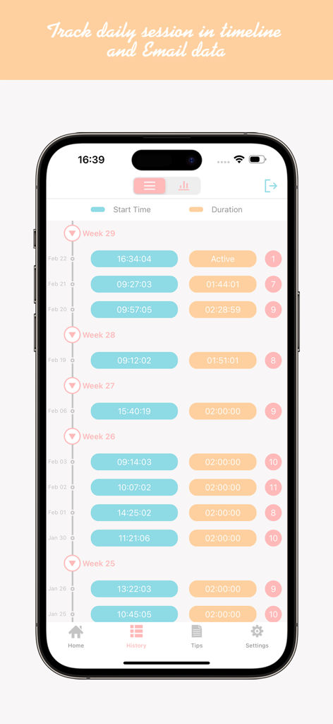 Count Baby Kicks - App screen displaying a historical log of baby kicks and movement duration by pregnancy week.