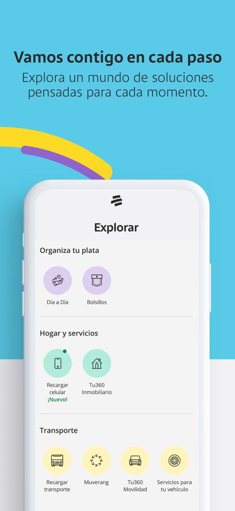 Mi Bancolombia - Tela de exploração do aplicativo Mi Bancolombia mostrando serviços de gerenciamento de dinheiro, moradia e transporte