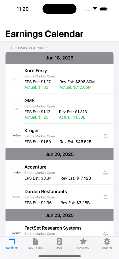 Earnings Whisper - Interfaz de la aplicación Earnings Whisper que muestra un calendario de ganancias próximo con nombres de acciones y estimaciones de BPA.