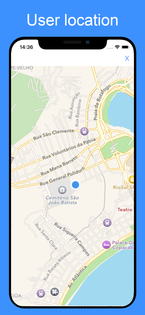 Metro BR - Sao Paulo & Rio - Interfaz de la aplicación Metro BR mostrando la ubicación del usuario en tiempo real en un mapa de Río de Janeiro