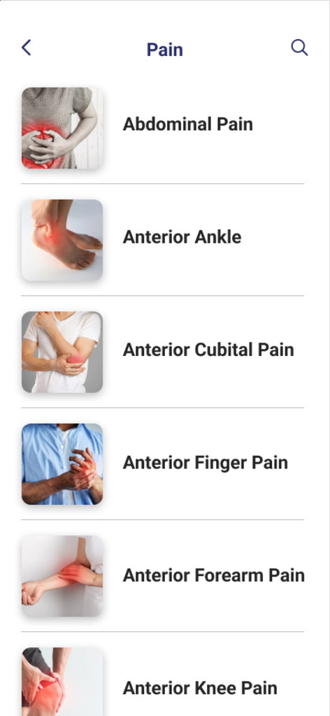 Equistasi Point - Tela do aplicativo móvel Equistasi Point mostrando um menu de áreas de dor, incluindo dor abdominal, no tornozelo e no joelho, para seleção de tratamento de reabilitação