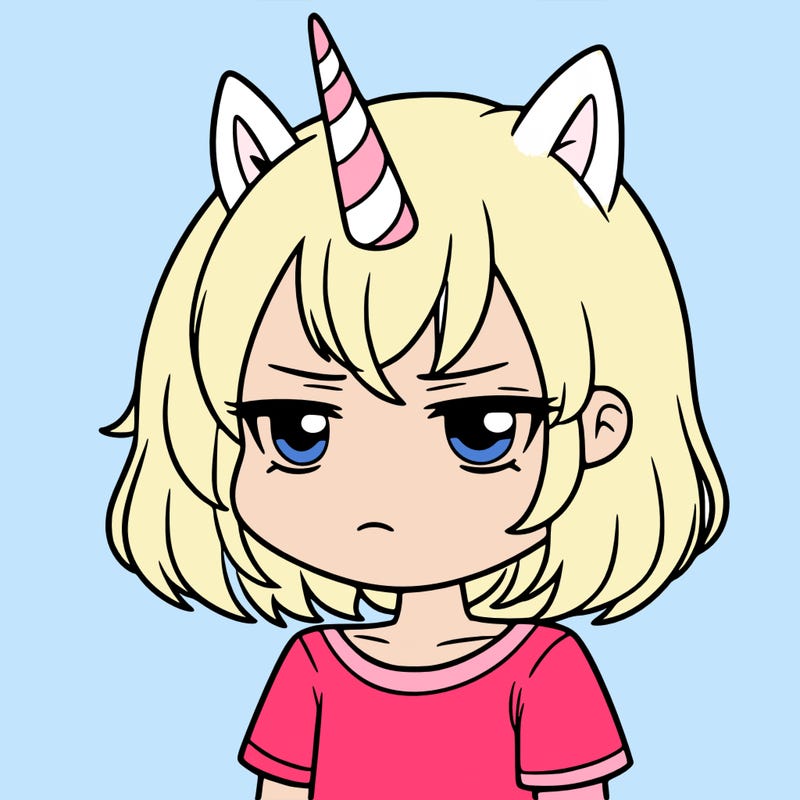 hey unicorn girl that has human features and short hair and is kind of always upset named moody unicorn twin