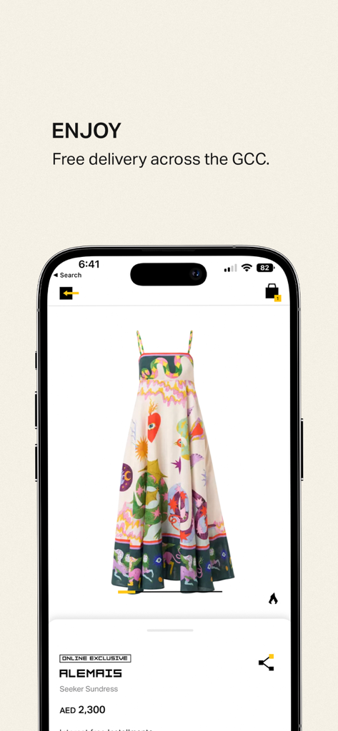 THAT Concept Store - Shopping - Una schermata mobile dell'app THAT Concept Store che mostra un colorato abito estivo Alemais e un'offerta di consegna gratuita.