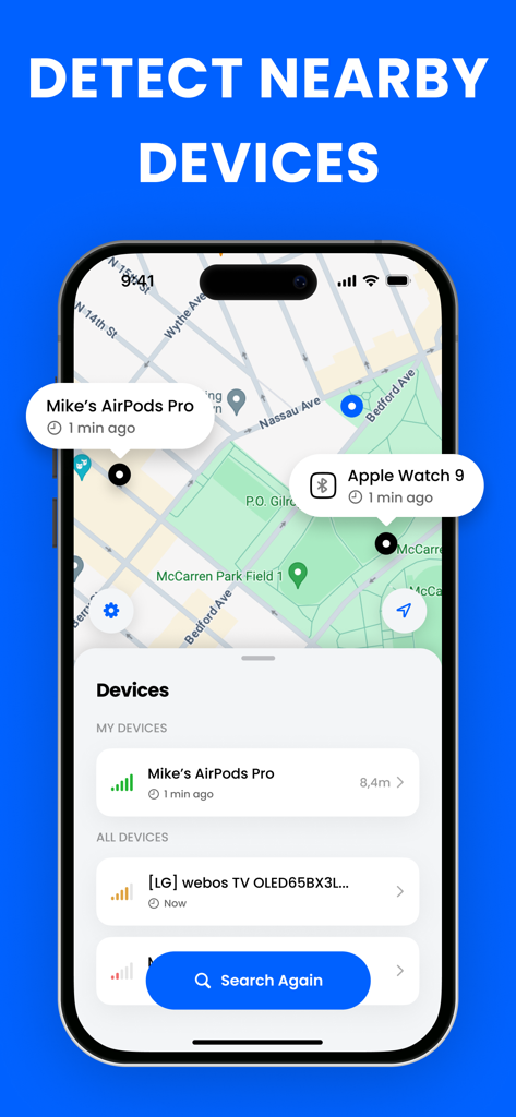 Bluetooth device finder app displaying a map of nearby tracked gadgets