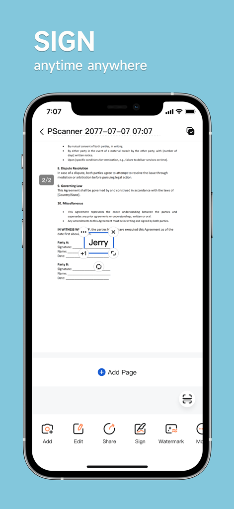 pScanner:PDF Document Scanner - Smartphone screen showing the pScanner app interface with a digital signature being added to a legal document