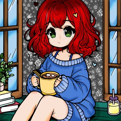 cute anime girl reading book and drinking hot chocolate from mug with loose wavy hair wearing a baggy sweatshirt and shorts sitting by windowsill looking out