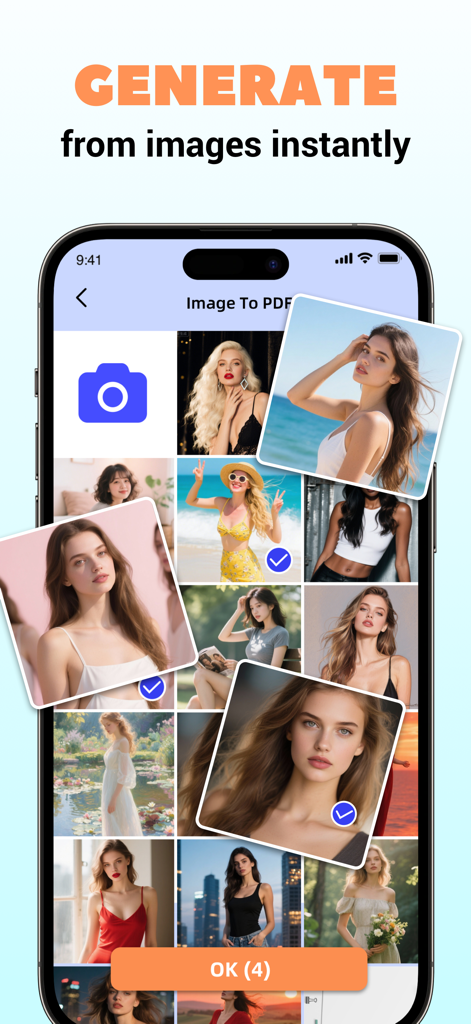 Tarbo PDF Creator interface showing photo selection for instant PDF generation