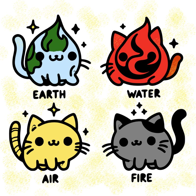 4 cats that represent the different elements, earth, water, air, and fire