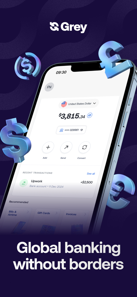 Grey mobile app interface displaying a US dollar balance with floating international currency symbols