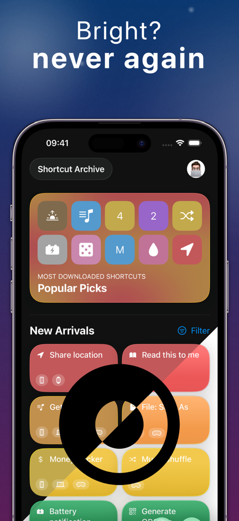 Shortcut Archive - Interfaz de la aplicación Archivo de Atajos mostrando una biblioteca seleccionada de atajos de Apple populares y nuevos para productividad y automatización