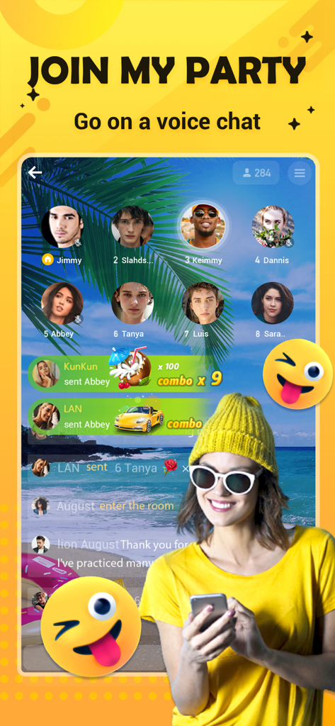 Hago- Party, Chat & Games - Eine Gruppe von Nutzern in einem Hago Voice-Chat-Partyraum mit verschenkten virtuellen Geschenken und einer glücklichen jungen Frau, die die App benutzt