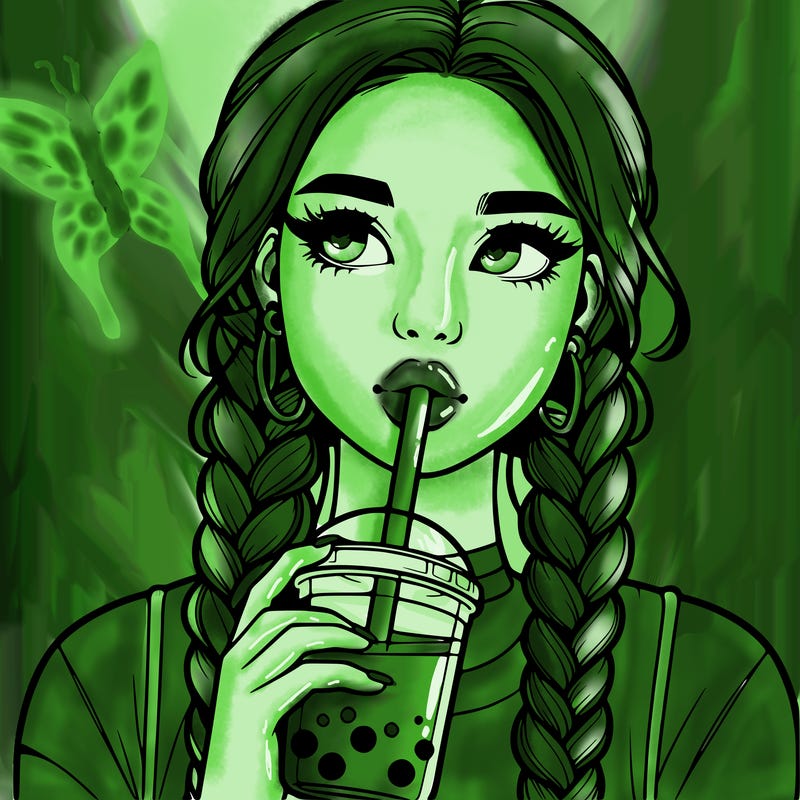 realistic girl with braided hair drinking boba