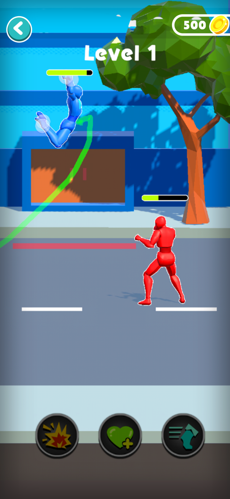 Draw Fight: Freestyle Action - Gameplay screenshot of Draw Fight showing a blue character jumping to attack a red character based on a drawn green path