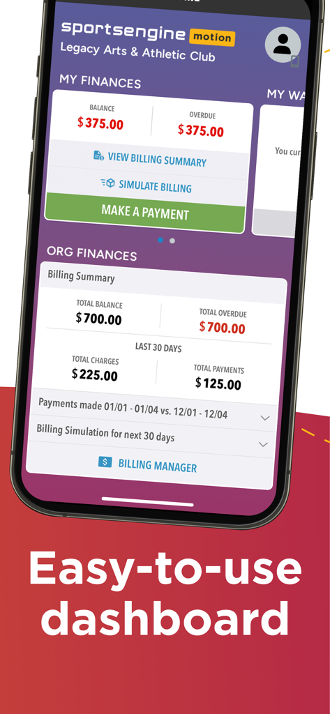 SportsEngine Motion mobile App zeigt ein einfach zu bedienendes Dashboard zur Verwaltung von Jugendsportfinanzen und Abrechnungen