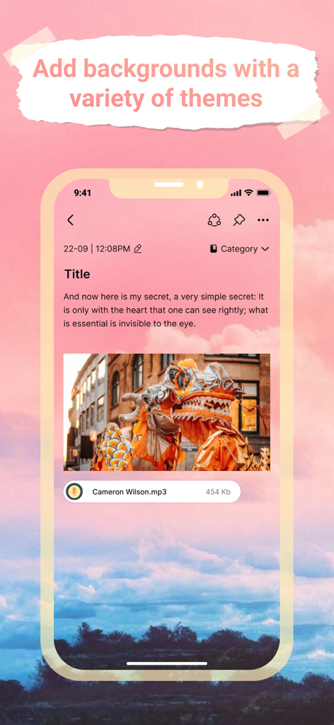 Uma nota com um tema de fundo paisagem personalizado mostrando texto, uma imagem e um anexo de arquivo de áudio.