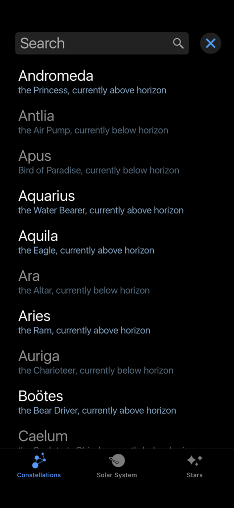 A searchable list of constellations in the Starlight app showing visibility and folklore descriptions.