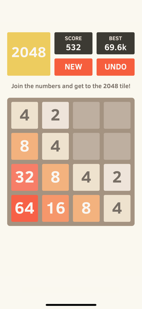 A minimalist mobile game board for 2048 showing various numbered tiles and current score