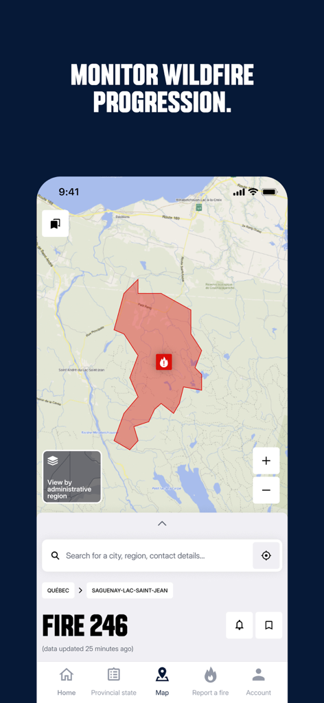 La SOPFEU mobile app interface showing a real-time wildfire tracking map in Quebec.
