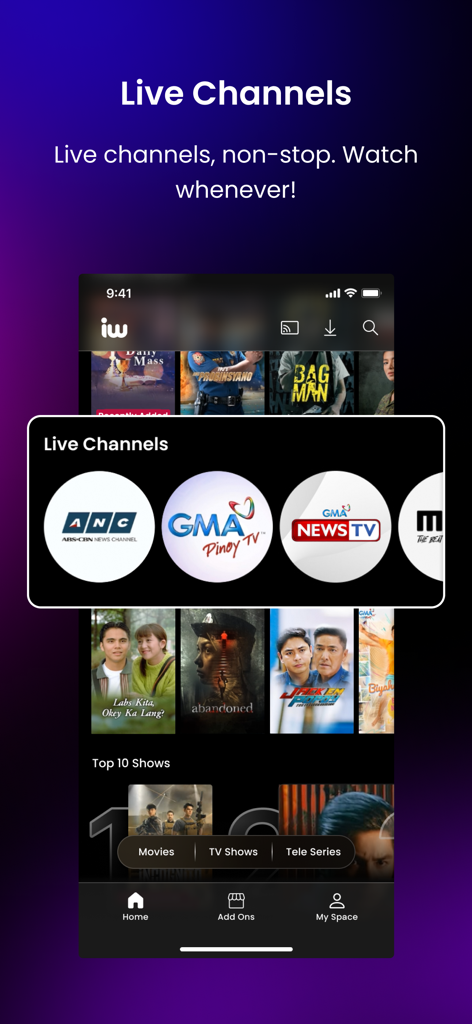 iWantTFC app interface displaying live Filipino TV channels including ANC, GMA Pinoy TV, and GMA News TV.
