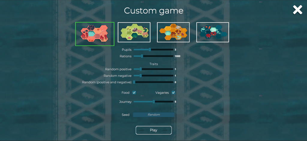 As Far As The Eye - Bildschirm zur Konfiguration benutzerdefinierter Spiele in As Far As The Eye mit Kartenauswahl und Ressourcenreglern