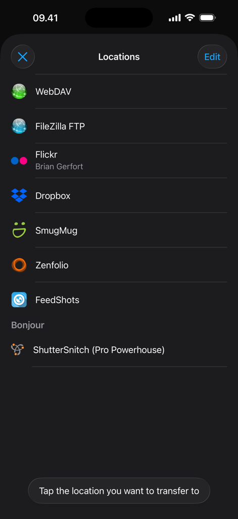 ShutterSnitch - Uma lista de opções de destino de transferência de imagem no aplicativo ShutterSnitch, incluindo Dropbox, Flickr e servidores FTP.