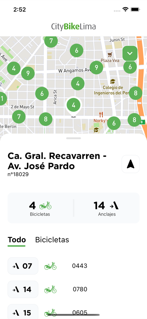CityBike Lima - La app CityBike Lima muestra un mapa de estaciones de bicicletas y la disponibilidad en tiempo real de bicicletas y muelles en una estación específica.