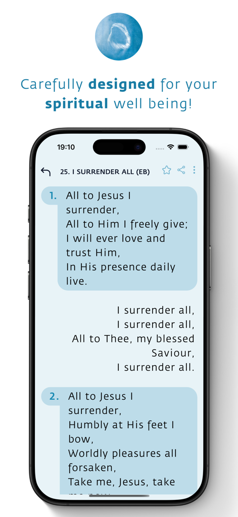 iPhone screen displaying lyrics for the hymn I Surrender All in the Only Believe app