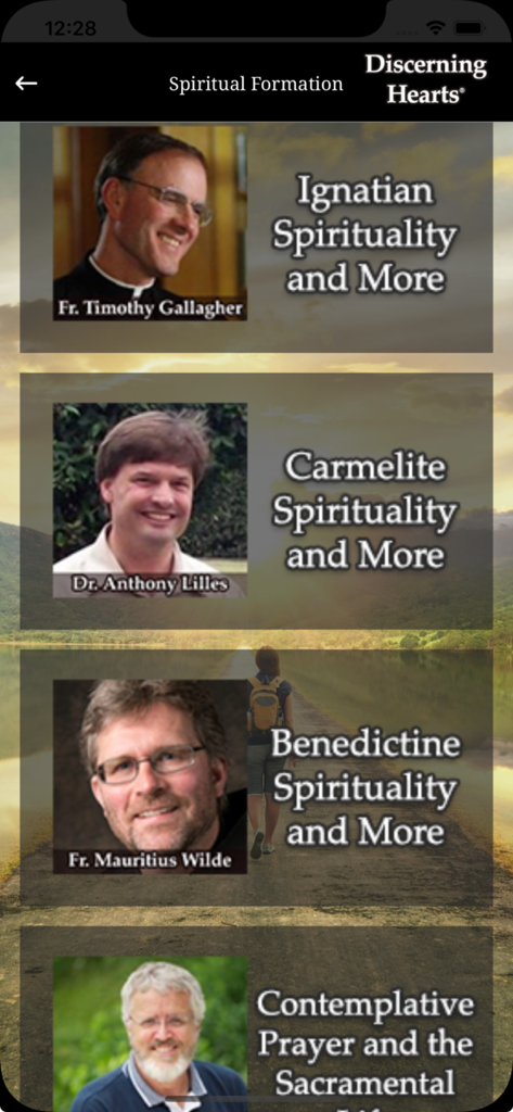 Discerning Hearts - Discerning Hearts app screen displaying various spiritual formation categories including Ignatian and Carmelite spirituality with featured speakers.