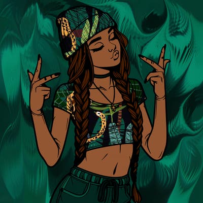 realistic teenage girl with braids and a beanie and crop top doing 🫶🏼