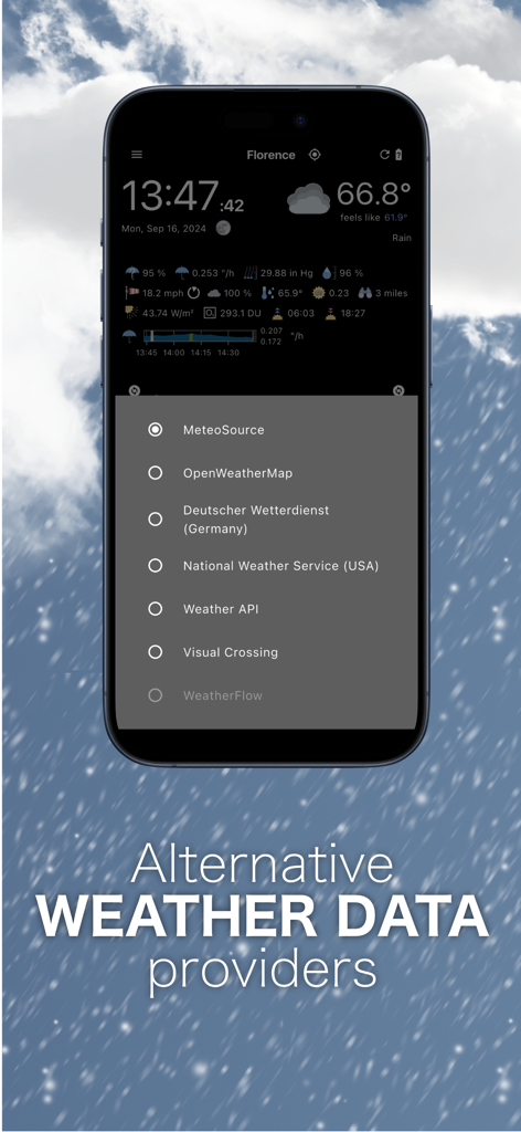 WhatWeather Weather Station - Screenshot of WhatWeather app showing a selection menu for professional weather data providers like NOAA and OpenWeatherMap