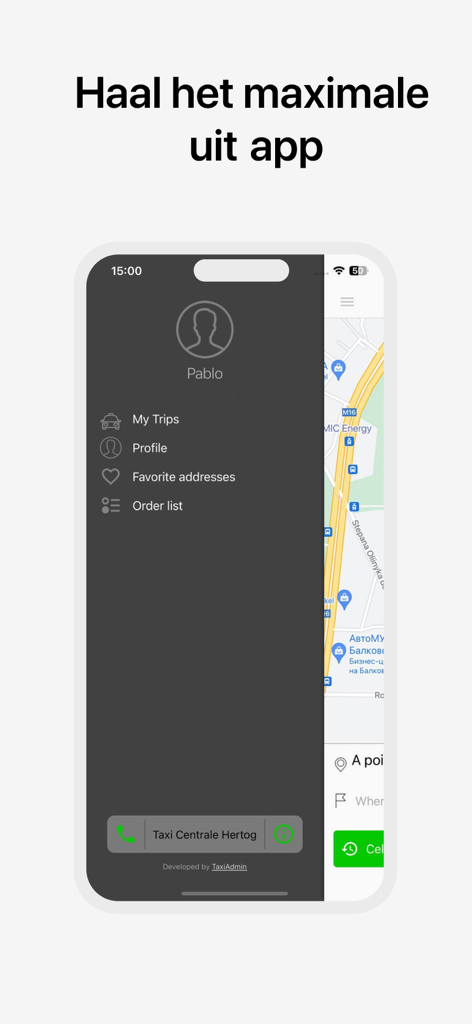 Interfaz de la aplicación móvil Hertog Taxi mostrando el menú lateral con opciones de configuración de perfil e historial de viajes.