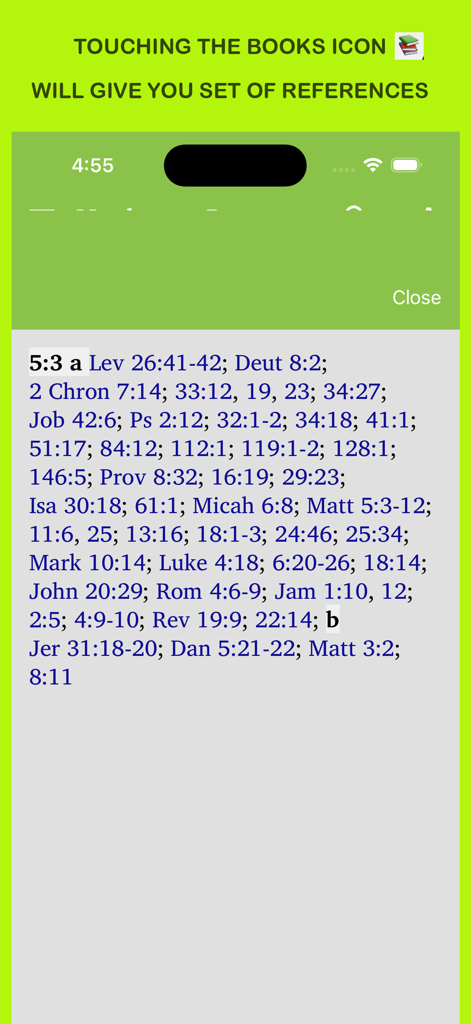 A screen displaying a detailed list of biblical cross-references for study in The Pastors Study Bible app