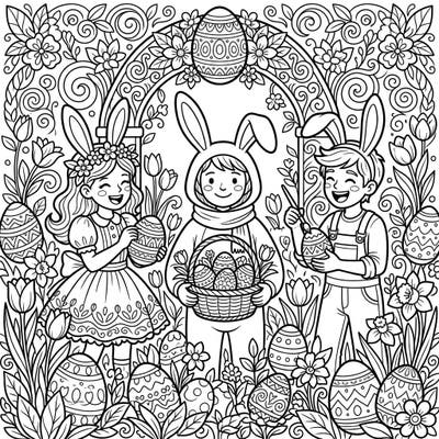 Dive into the joy of Easter with this delightful coloring page featuring children dressed in charming Easter Bunny costumes. Surrounded by beautifully decorated eggs and blooming spring flowers, it's a perfect scene to bring to life with your favorite colors.