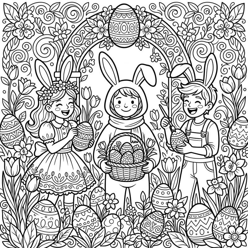 Dive into the joy of Easter with this delightful coloring page featuring children dressed in charming Easter Bunny costumes. Surrounded by beautifully decorated eggs and blooming spring flowers, it's a perfect scene to bring to life with your favorite colors.