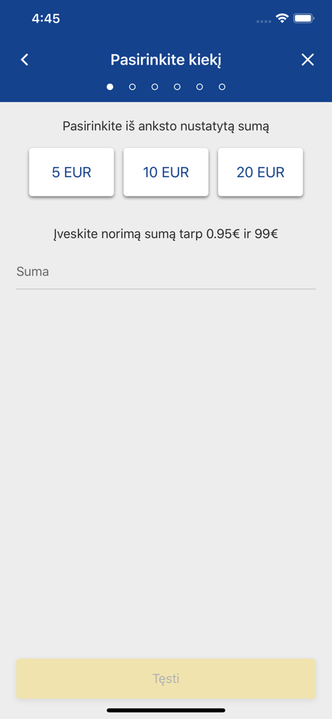e.Ticket Klaipėda - e.Ticket Klaipėda app interface for selecting a ticket top-up amount showing 5, 10 and 20 Euro presets