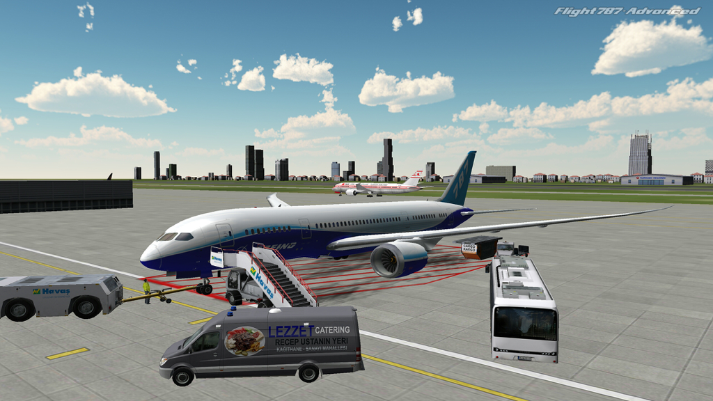 Flight 787 - Advanced - Boeing 787 airplane at airport with ground service vehicles