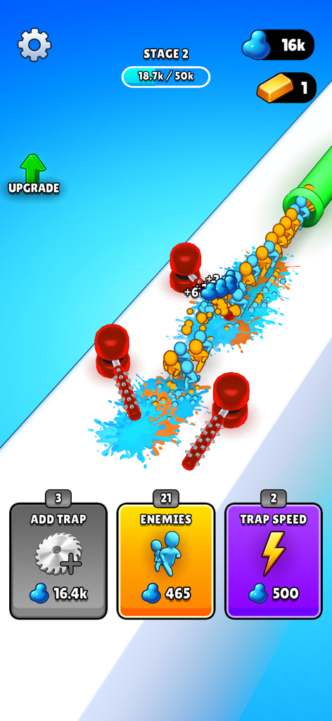 Gameplay of Trap Master showing spiked traps squishing stickman enemies into colorful splats on a white path