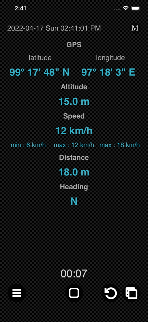Interface do GPS Logger Plus mostrando rastreamento em tempo real de coordenadas GPS, velocidade, altitude e distância