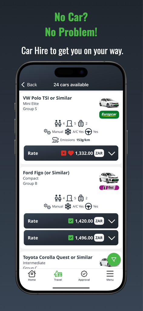 Mietwagenoptionen und Preise in der Travelit Corporate Travel Mobile App