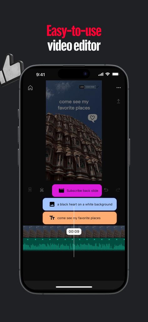 Interface de l'application mobile YouTube Create montrant une timeline de montage vidéo multi-couches avec des superpositions de texte et de graphiques