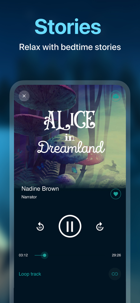 Slumber－Calm Stories for Sleep - Slumber App Audioplayer, der die Gute-Nacht-Geschichte Alice im Schlummerland, erzählt von Nadine Brown, zeigt